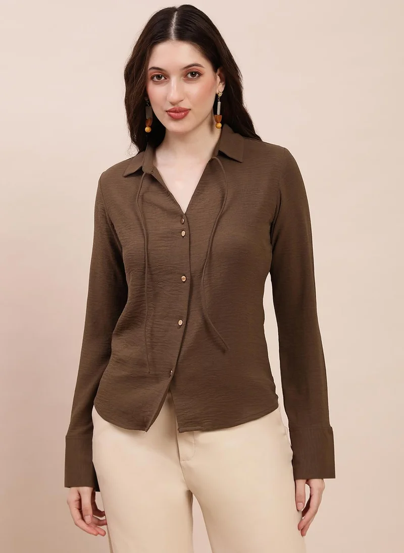 globus Globus Women Brown Collared Neck Cuffed Sleeves Self Design Tie-Up Detail Curved Hem Workwear Shirt